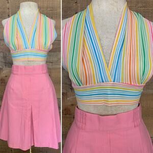 Vintage 1960s 1970s Mod Hippie Striped Tie Back Halter Top Sz Small
